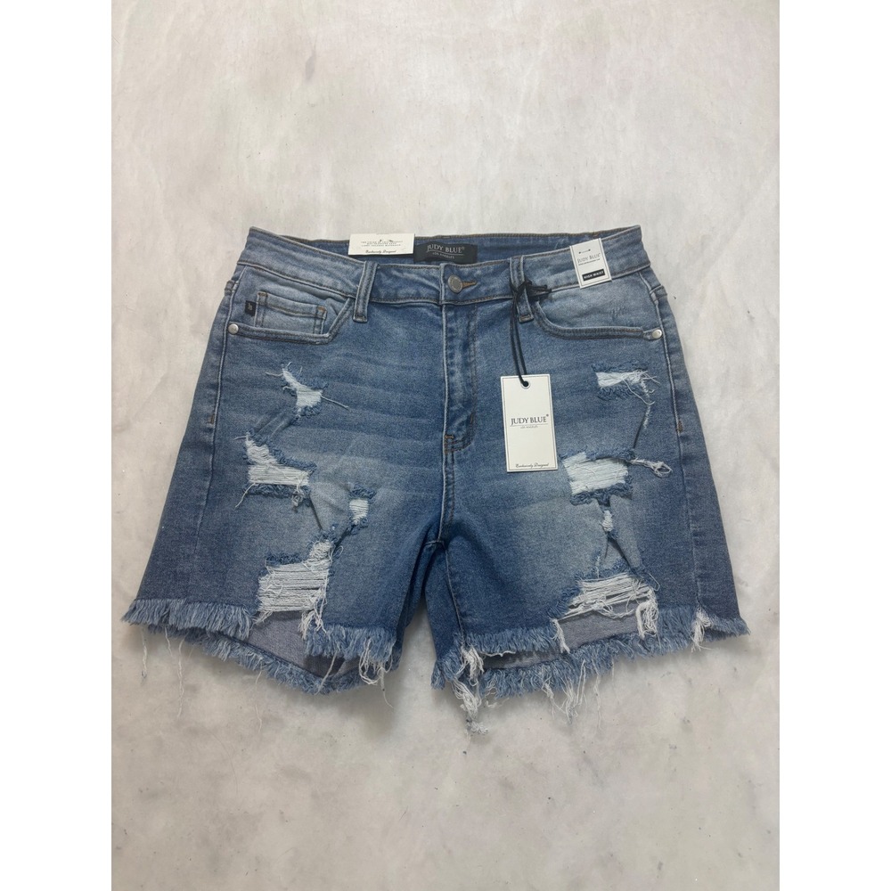 NWT Judy Blue High Waist Distressed Denim Shorts Medium Wash Frayed Hem JB1555 L